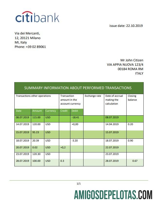 Italy Citiextrato bancário amostra